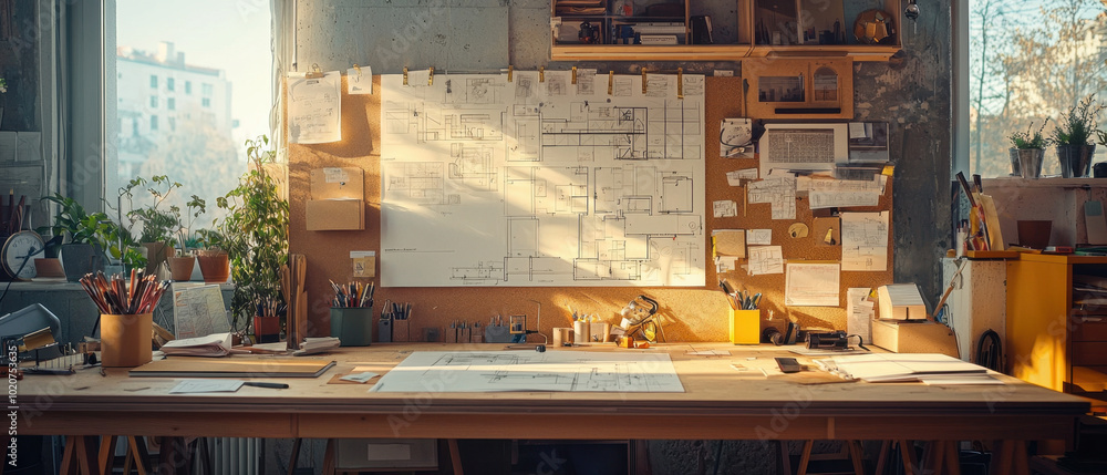 Poster architect designer, creative architect creating complex designs on paper, surrounded by measuring in