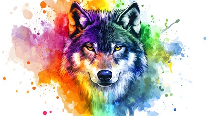 Watercolor wolf face design with a colorful splash background, vector illustration