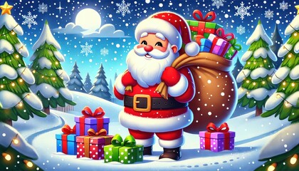 A cheerful digital illustration of Santa Claus smiling with a large sack filled with presents. He stands on a snowy landscape with snowflakes falling