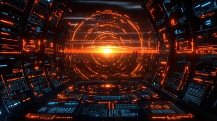 A futuristic cityscape viewed through a digital interface with glowing orange and blue holographic elements, symbolizing advanced technology and data visualization.