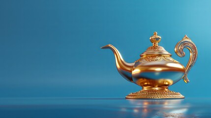 Fototapeta premium A golden enchanted Aladdin’s lamp on a blue backdrop 