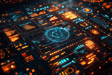 Futuristic digital dashboard with vibrant blue and red data readouts