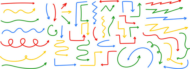 Color arrows isolated on transparent background. Set of different hand drawn arrows. Vector EPS 10