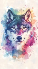 Watercolor wolf face design with a colorful splash background, vector illustration