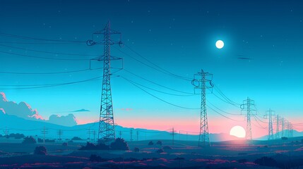High-voltage transmission systems feature electric poles and power lines forming a network of interconnected electrical infrastructure, depicted with white outlines on a blue background