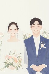 Illustrated Wedding Couple with Floral Background