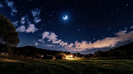 Starry night sky over a rural landscape