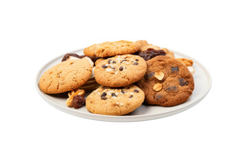 A plate of assorted crunchy cookies with different textures and ingredients, including oats and raisins, isolated on a smooth white surface