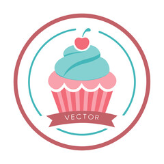 cupcake with cherry logo cupcake with pink ribbon bakery logo vector illustration 