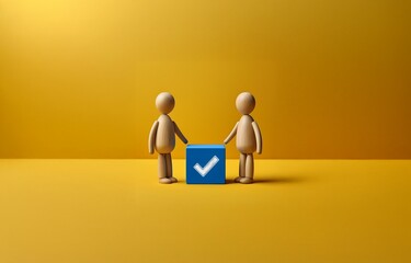 Two wooden figures stand facing each other, a blue cube with a checkmark sits between them.