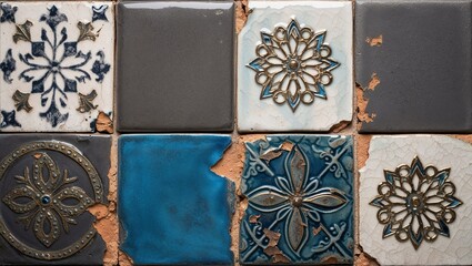 Obraz premium Vintage ceramic tiles with intricate floral patterns in blue, white, and gold.