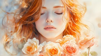 Fototapeta premium A red-haired woman with calm eyes, holding a bouquet of roses close to her chest, sunlight streaming through her hair, delicate pastel tones, watercolor