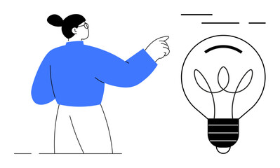 Simplified illustration of a person pointing at a large light bulb. Ideal for creativity, ideas, technology, innovation, and education. Minimalist style with blue and black colours