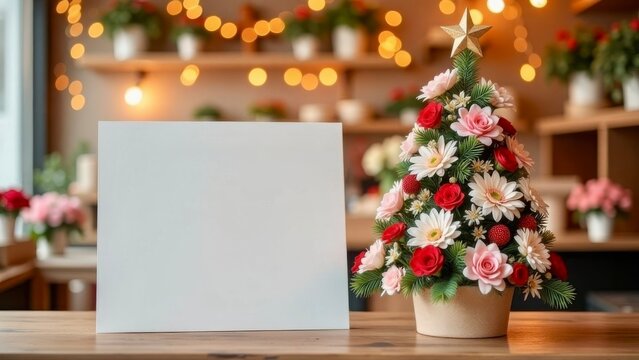 Place for text stands on the table next to a Christmas tree made of flowers in a flower shop on a festive background