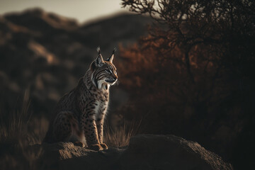 Lynx in wild desolate arid landscape. Wildlife photography. Shallow depth of field.