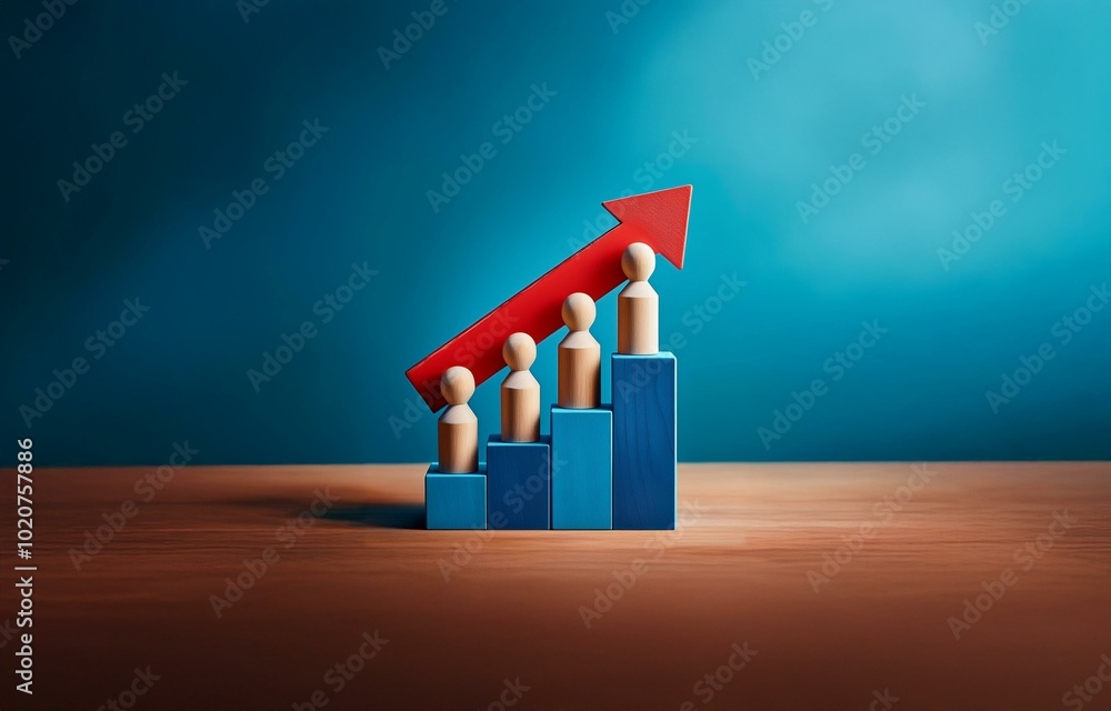 Poster wooden figures stand on blue blocks, representing a rising graph with a red arrow pointing upward.