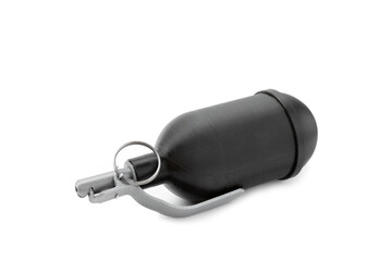 Hand grenade isolated on white background. Close-up. Weapon of war. Fragmentation grenade detail. Military training concept. Explosive weapon.