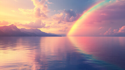 Dusk rainbow concept: beautiful landscape with a multi-colored calm sea and a rainbow at dusk.