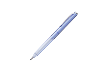 A modern retractable gel pen with a transparent body, standing upright with the cap off isolated on white background