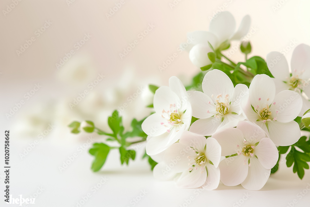 Wall mural A beautiful display of white blossoms intertwined with vibrant green leaves creates an elegant focal point, evoking feelings of tranquility and freshness in a serene setting