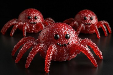 Colorful, candy-like red spiders with cheerful faces, covered in sugar, displayed against a dark background.