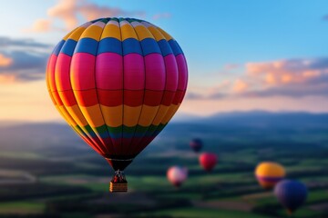 Obraz premium A group of vivid hot air balloons soars over a serene landscape, capturing a sense of freedom and adventure against a brilliantly painted sky at dawn.