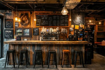 Industrial-Style Bar Counter with Rustic Wood and Metal Stools