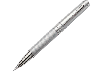 A metallic rollerball pen with a textured grip, angled slightly to the left isolated on white background