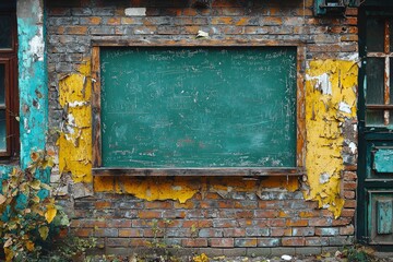 Naklejka premium Weathered Brick Wall with a Chalkboard and Peeling Paint
