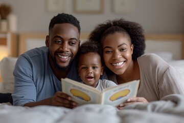 A joyful family sharing a story on a cozy bed, with smiles on their faces, reflecting love and togetherness. The child is delighted, making this a cherished family moment