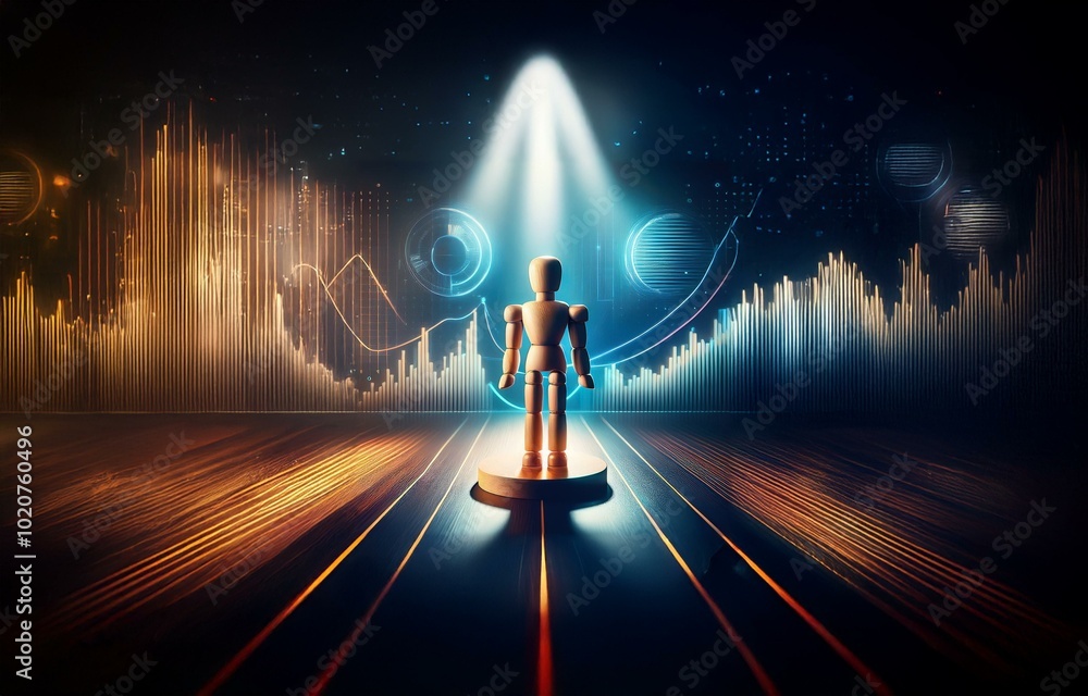 Poster A wooden figure stands on a platform bathed in a spotlight, surrounded by a digital background of graphs and patterns.