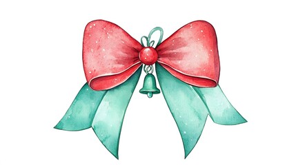 Watercolor Red and Green Bow with Bell.