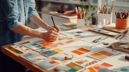 Fototapeta premium A designer's workspace featuring mood boards, color swatches, and cutting-edge tools, symbolizing the fusion of creativity and innovation in design.