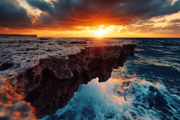 Fototapeta premium Waves crash against a jagged cliff at sunset, the sky ablaze with stunning colors, showcasing the raw power and beauty of the natural oceanic landscape.