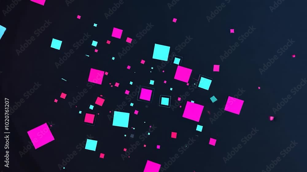 Poster abstract animation featuring a chaotic movement of cyan and magenta cubes on a dark background. idea