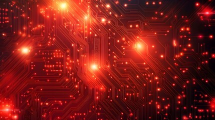 Fototapeta premium Red circuit board background with glowing red lights, vector graphics