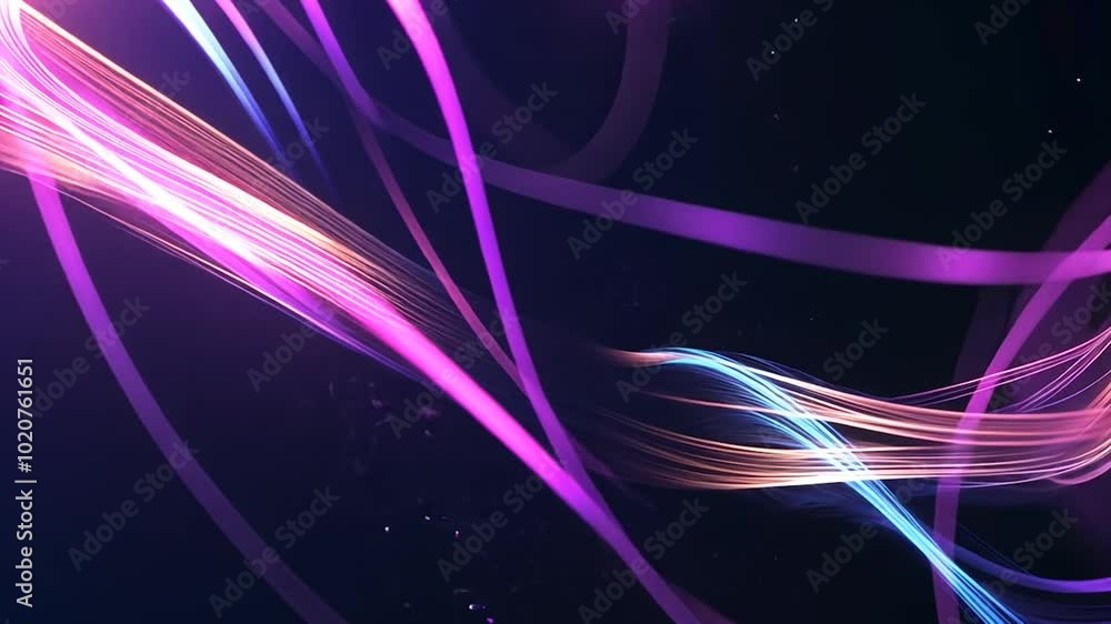 Aufkleber abstract animation of glowing neon lights forming wavy lines on a black background with particles. p