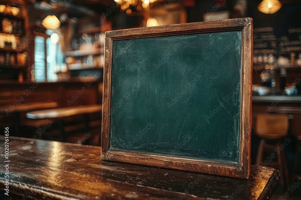 Poster blank chalkboard menu in a rustic bar setting