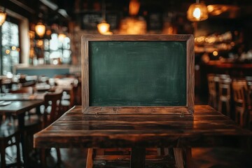 A Wooden Framed Chalkboard on a Rustic Table in a Dimly Lit Bar