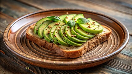 Fresh avocado toast on stylish ceramic plate with blurred background