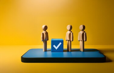 Three wooden figures stand on a blue surface, one in front of a blue cube with a white checkmark.