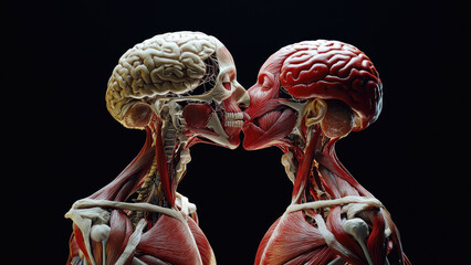 Anatomical Figures Embracing with Detailed Muscle and Brain Structure