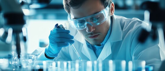 A focused scientist in a lab coat conducts experiments, using precision tools and observing test tubes under bright lighting.