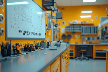Close-up of a Workbench in a Workshop with Tools and a Whiteboard