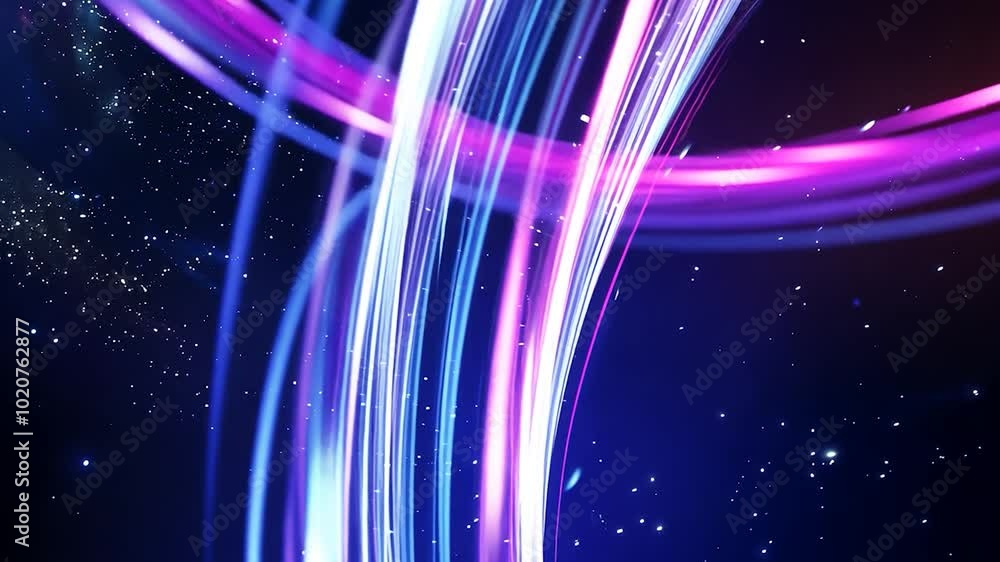 Poster abstract animation features glowing light trails flowing and bending against a starry background, cr