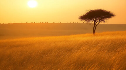 Obraz premium A vast savannah landscape at sunset, with tall golden grass, a lone acacia tree, and the silhouettes of animals in the distance