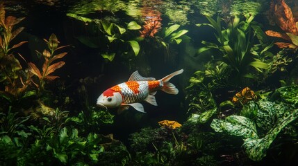 Vibrant underwater aquarium scene with colorful koi fish