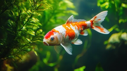 Vibrant orange and white koi fish swimming in lush green pond