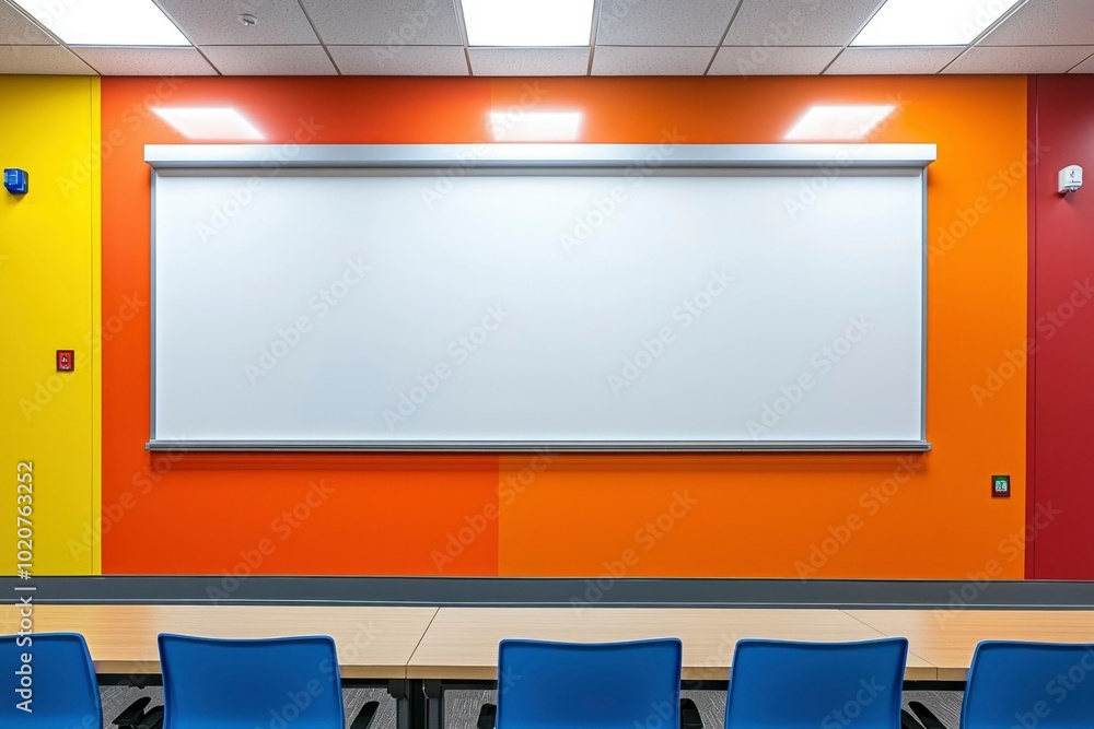 Poster empty classroom with projector screen and colorful walls