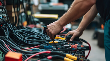 Audio Technician Organizing Various Cables